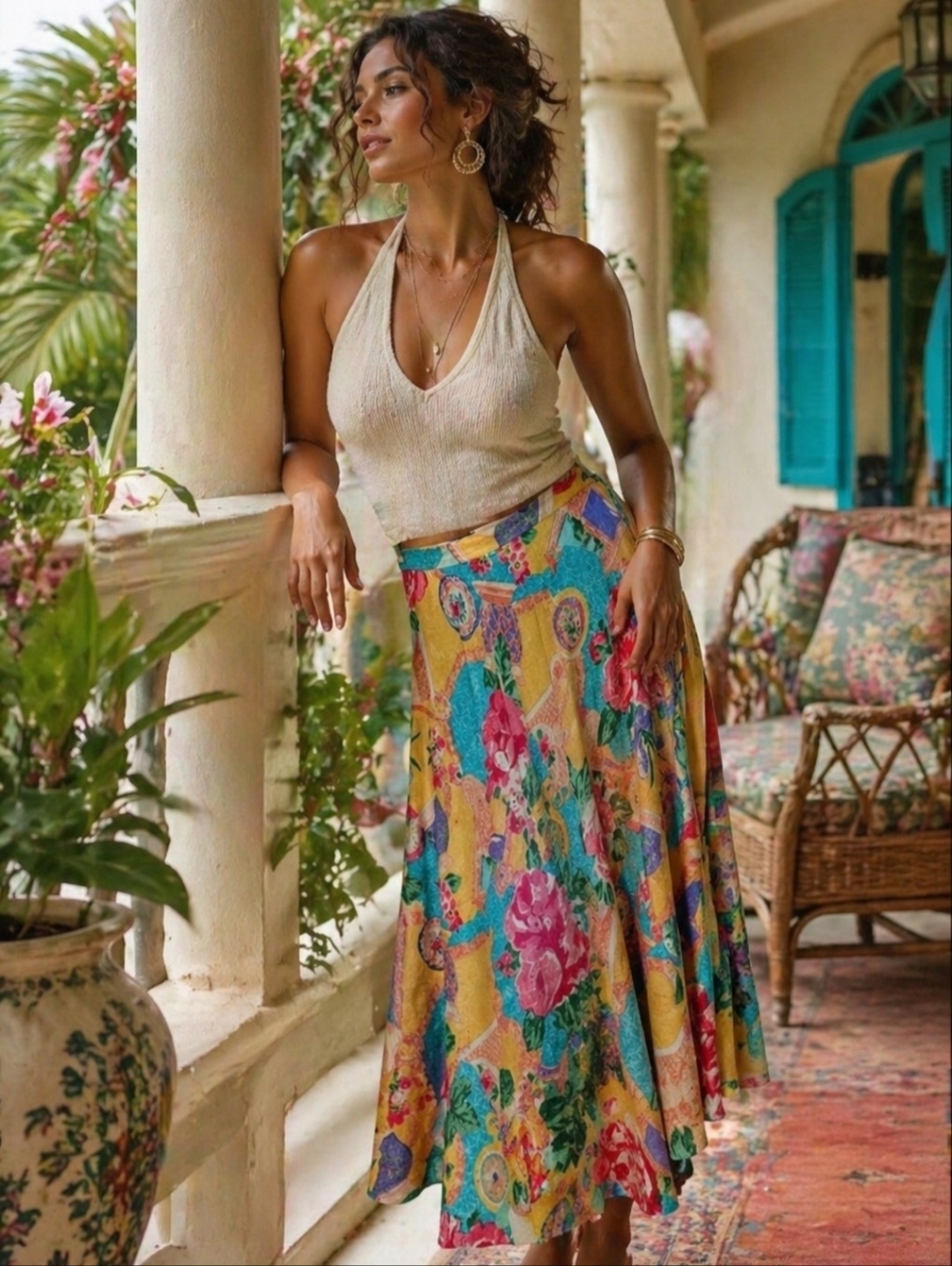 Vintage 100% Silk Made In Korea Floral Clock Print Asian Inspire Skirt Midi Maxi